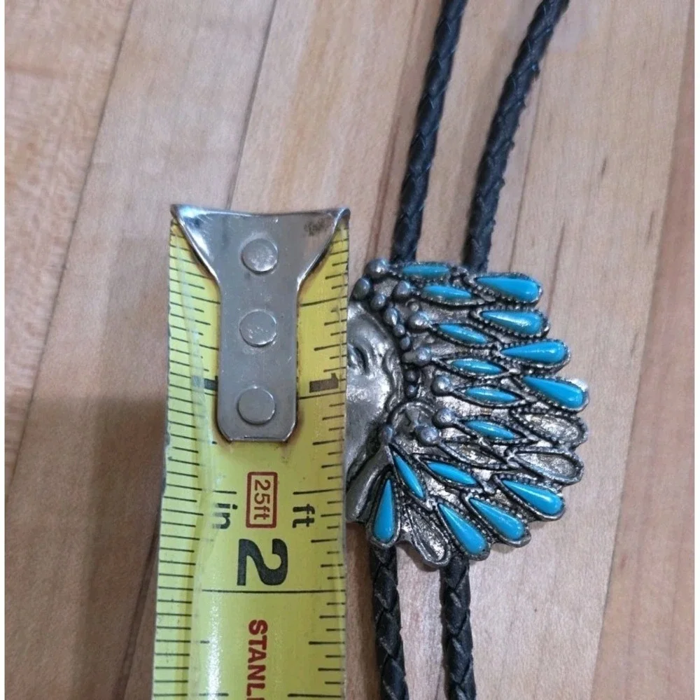 VTG Western Indian Chief‎ Bolo Tie Silver Tone Light Blue Turquoise Color Cowboy